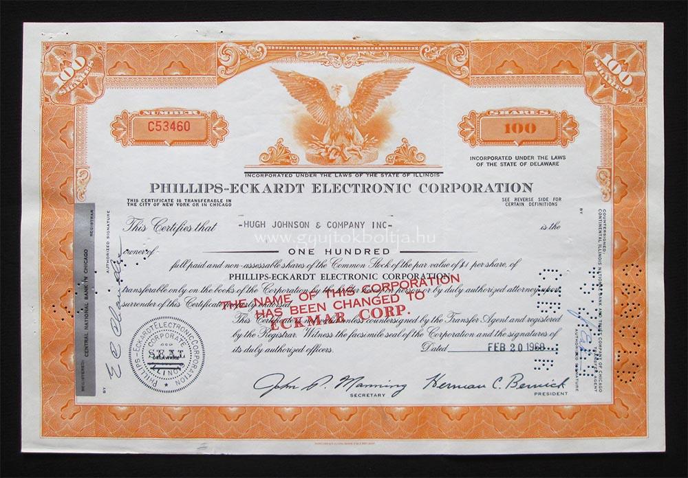 Phillips-Eckhardt Electronic Corporation 100 részvény 1969